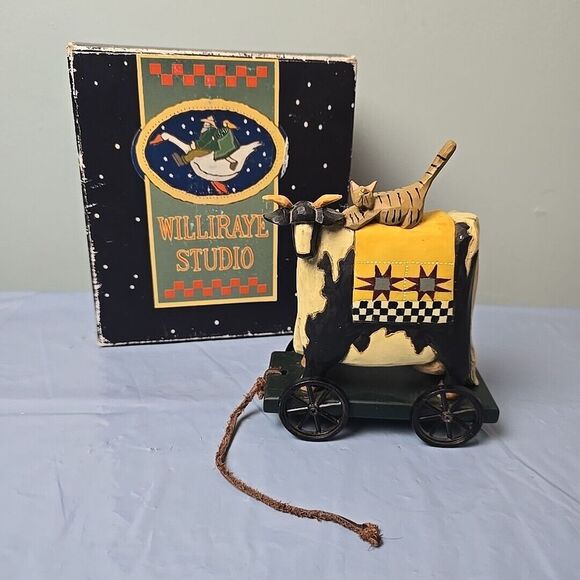 Williraye Studio - Folk Art - Cow With Cat Pull Toy Figurine WW1403 On Wheels - Picture 1 of 12